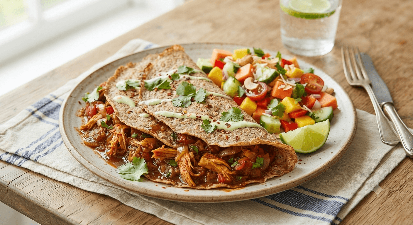 Crèpes di avena integrale ripiene di stufato di jackfruit con insalatina tropicale