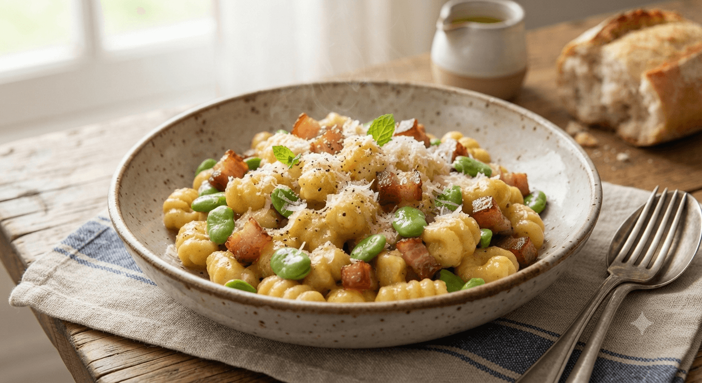 Gnocchi ricci di amatrice fave guanciale e pecorino