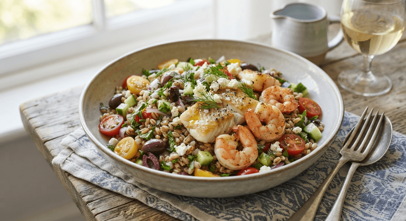 Insalatina fredda di orzo e farro integrali con spigola e gamberi