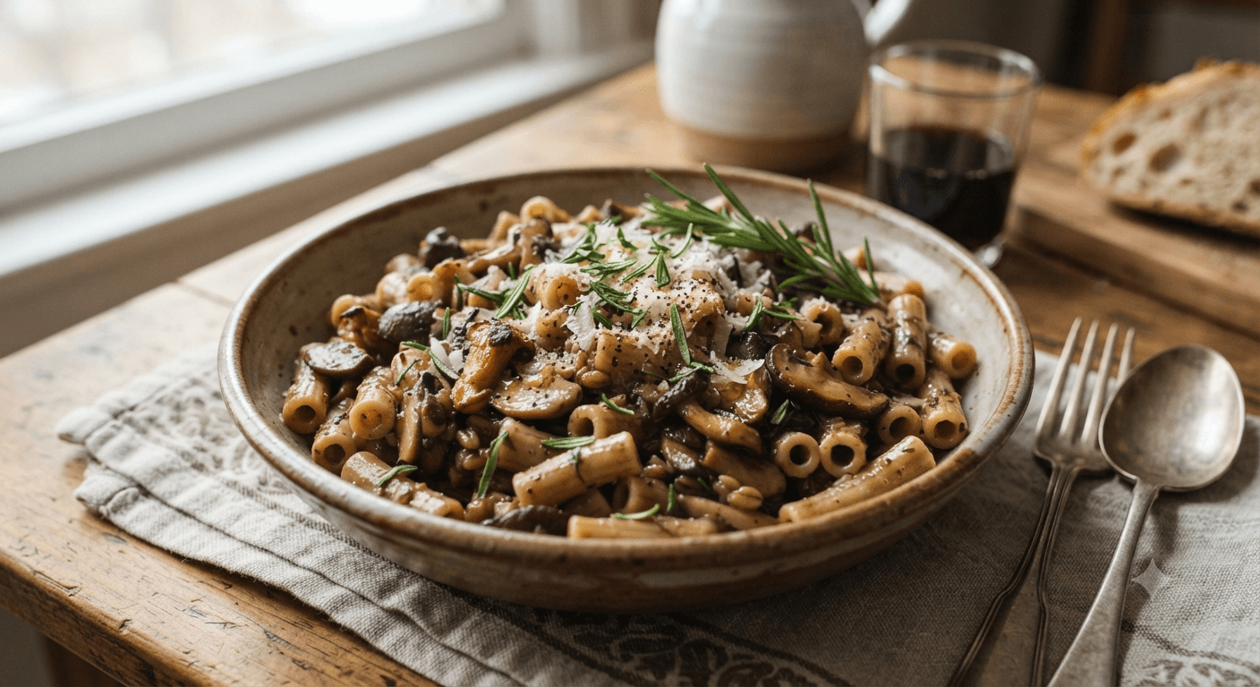 Tubetti di farro ai funghi e salsa al miso e rosmarino